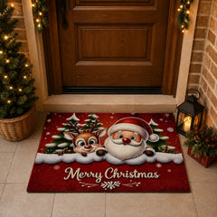 Tapete navideño 50×80 cm rojo con Santa Claus, reno y mensaje Merry Christmas