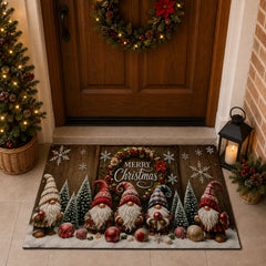 Tapete navideño 50×80 cm con gnomos, árboles y mensaje Merry Christmas