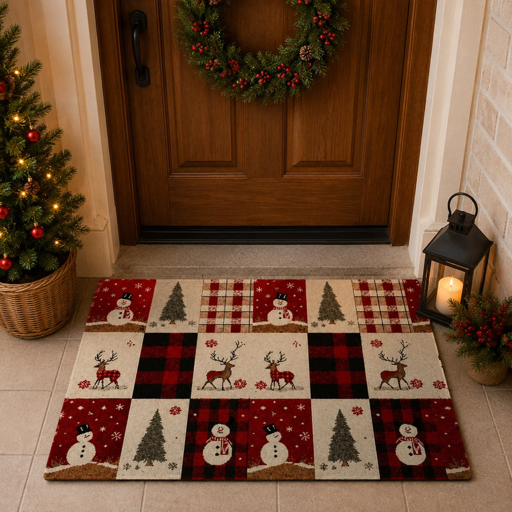 Tapete navideño 50×80 cm diseño patchwork con muñecos de nieve, renos y árboles