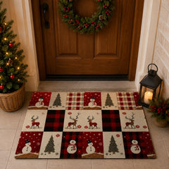 Tapete navideño 50×80 cm diseño patchwork con muñecos de nieve, renos y árboles