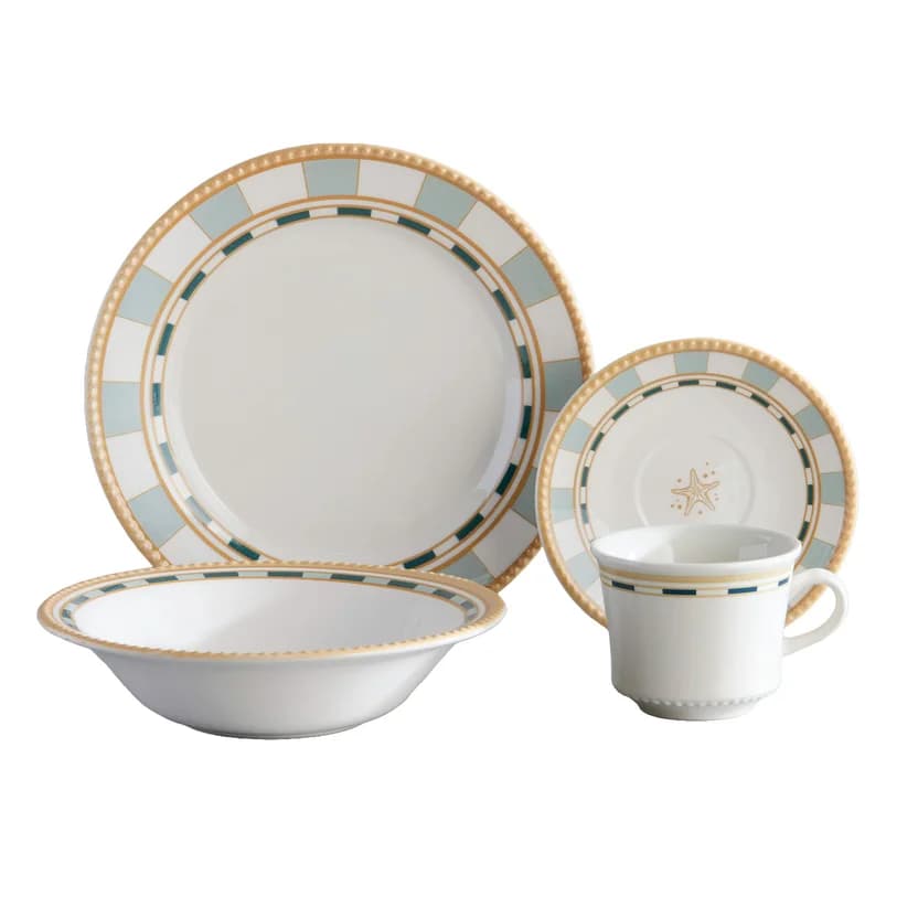 Vajilla Génova Corona con detalles geométricos en verde y dorado
