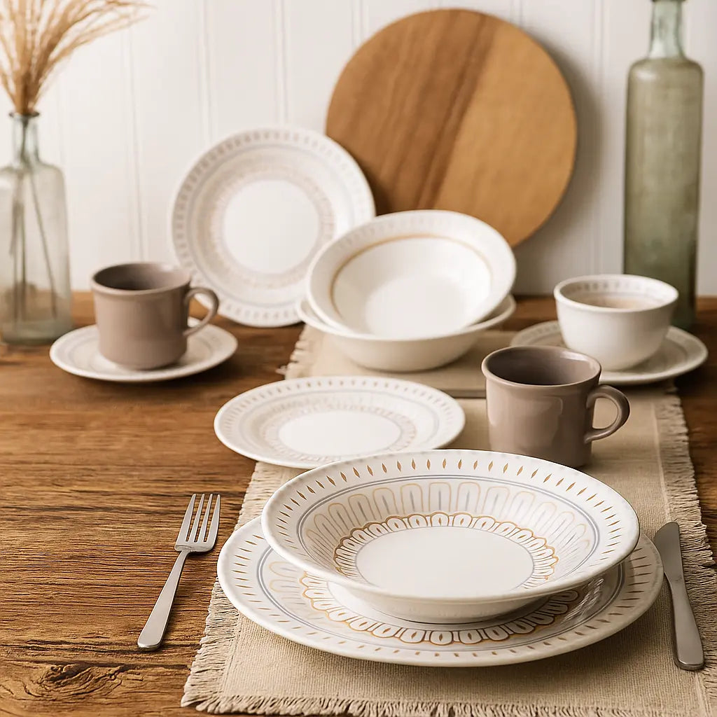 Vajilla Dapne Corona 16 piezas con diseño geométrico en tonos beige