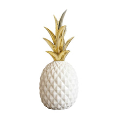 Piña decorativa blanca con hojas doradas 20×6 cm
