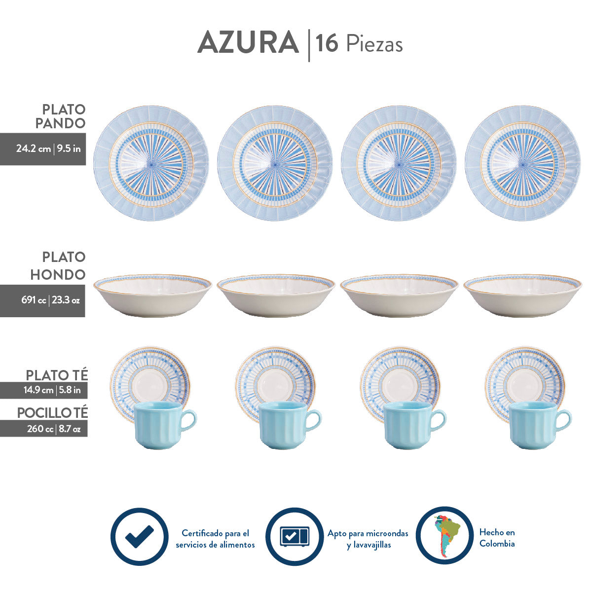 Platos hondos y pandos Azura diseño radial azul