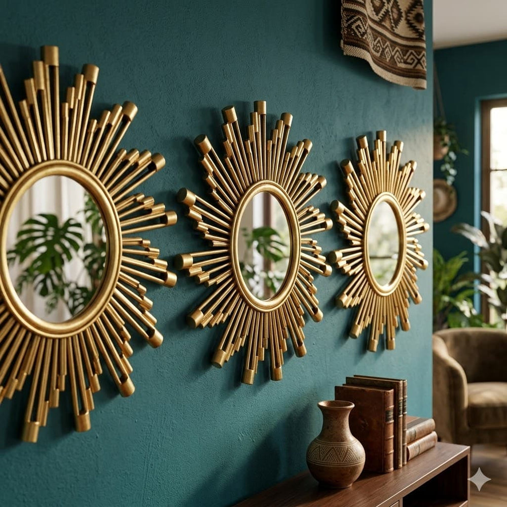 Set de 3 espejos decorativos diseño sol dorado de 24 cm para pared