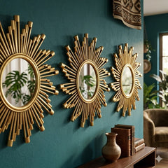 Set de 3 espejos decorativos diseño sol dorado de 24 cm para pared