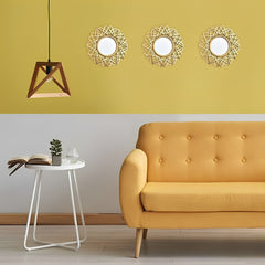 Set de 3 espejos decorativos diseño flor dorado de 24 cm para pared