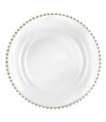 Bajo plato de melanina con borde dorado elegante
