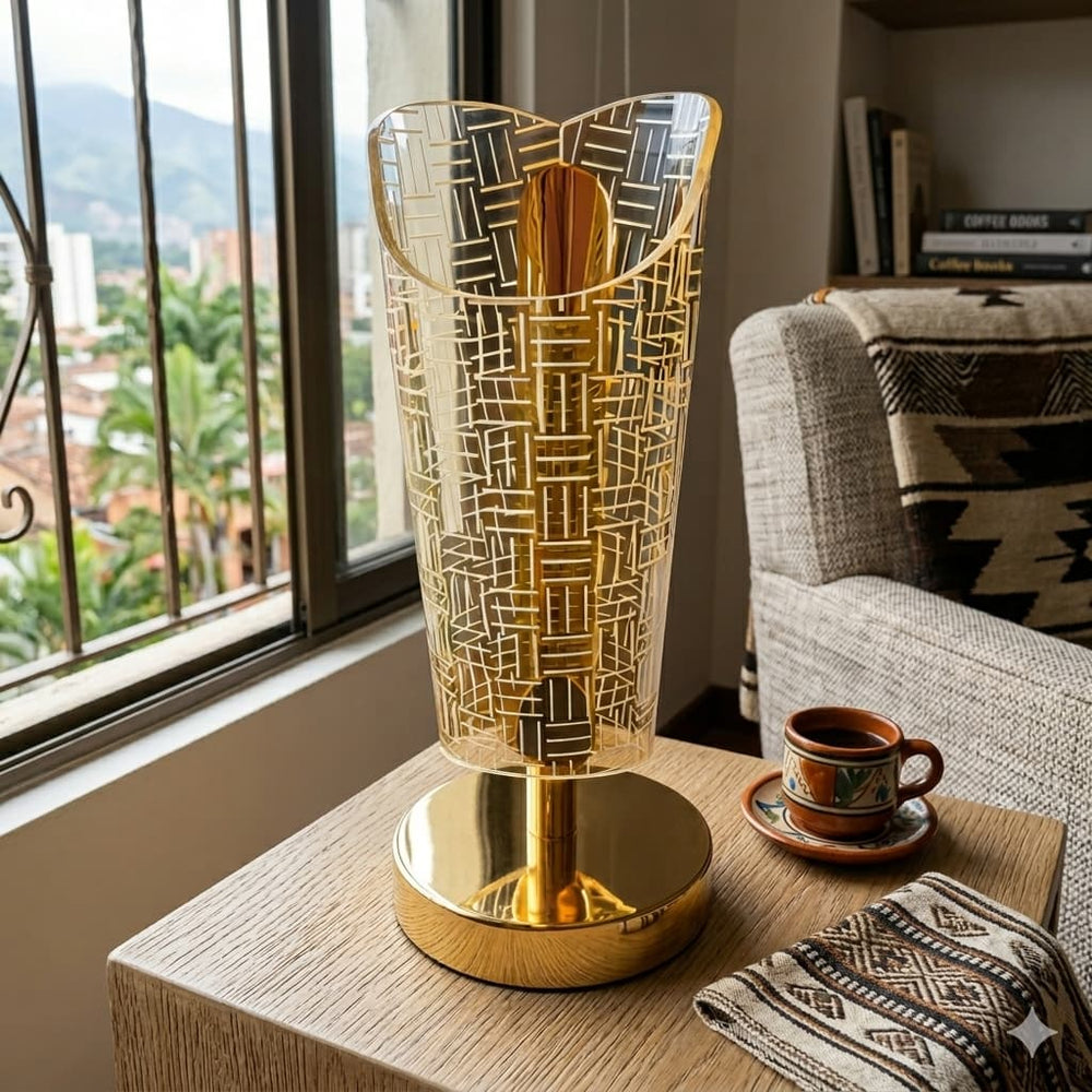 Lámpara de escritorio LED diseño líneas blancas de 22 cm con base dorada y botón táctil de 4 colores