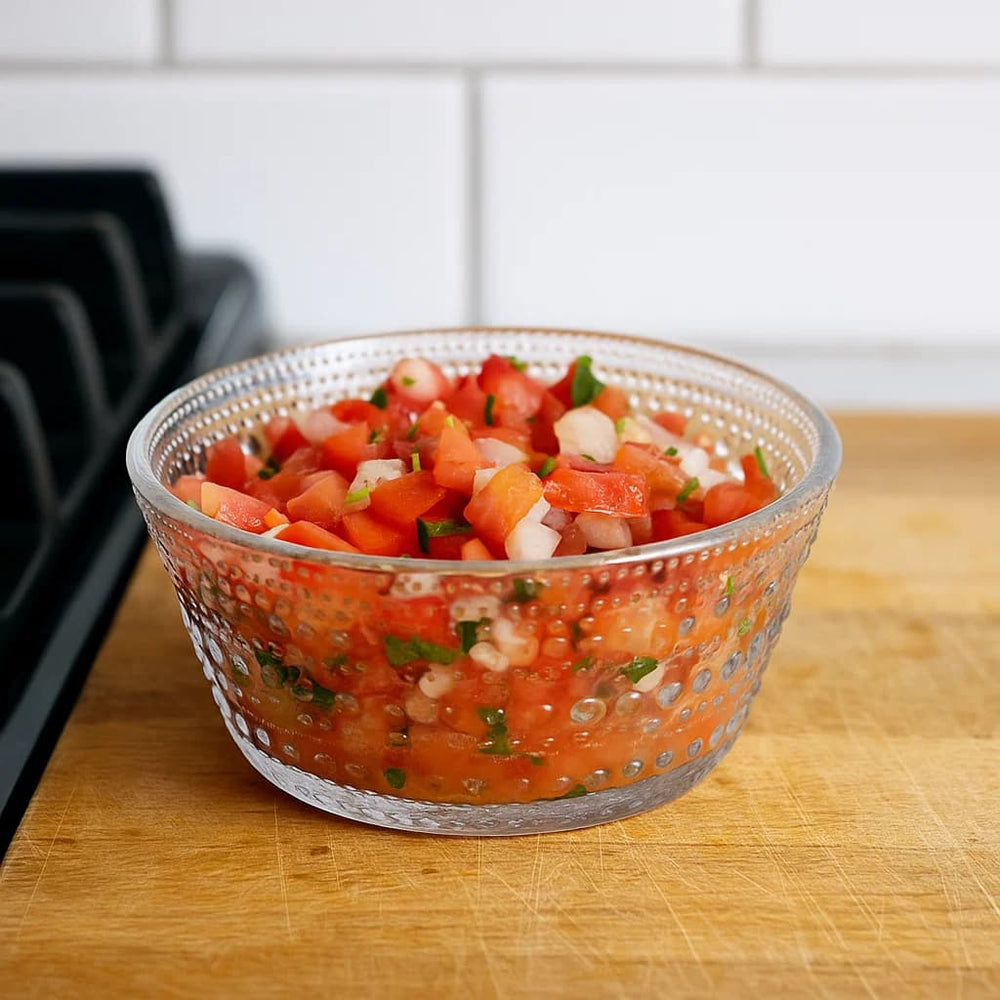 Bowl redondo de vidrio transparente con textura de burbujas