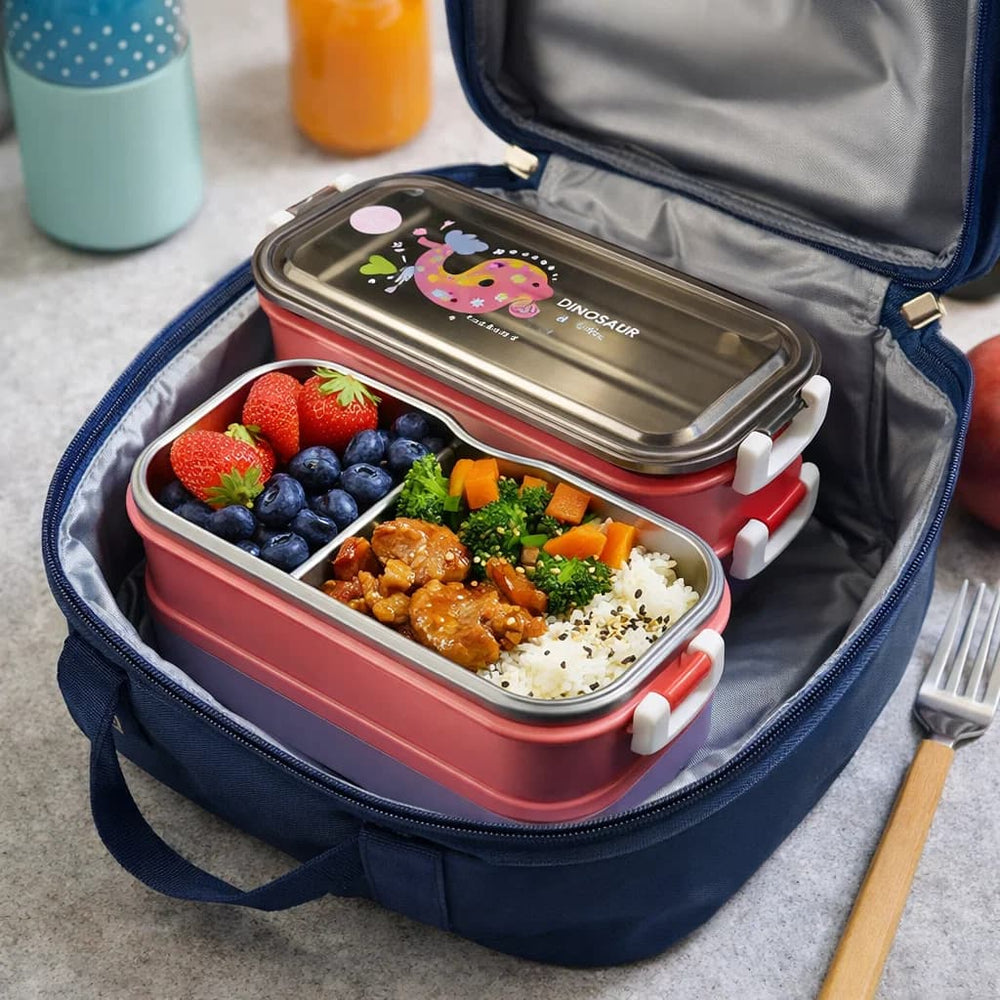 Lonchera x2 Niveles En Acero Inoxidable Diseño Dinosaurio