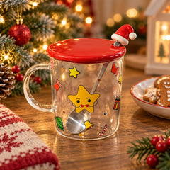 Pocillo navideño transparente con tapa y cuchara en diseños rojo y verde con decoraciones de Navidad