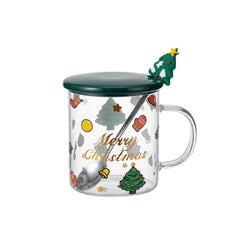 Pocillo navideño transparente con tapa verde y figura de árbol de Navidad.