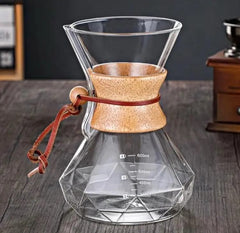 Cafetera tipo Chemex de vidrio de 600 ml con cuello de madera y base diseño diamante