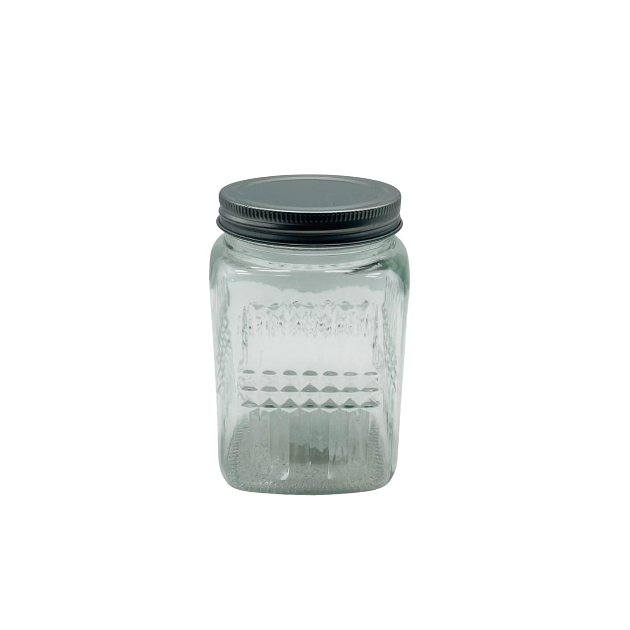 Recipiente de cristal cuadrado con líneas texturizadas y tapa plateada