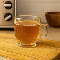 Pocillo de vidrio 180 ml transparente con diseño de figuras y oreja