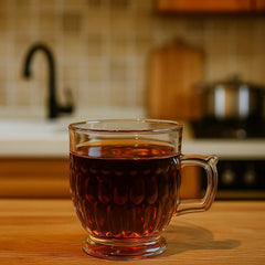 Pocillo de vidrio transparente 180 ml con diseño geométrico y oreja ergonómica