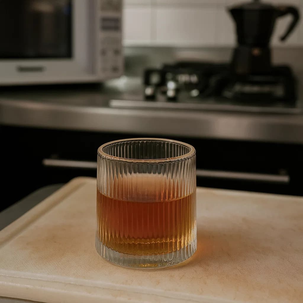 Vaso whiskero giratorio de 200ml en vidrio con diseño de líneas verticales