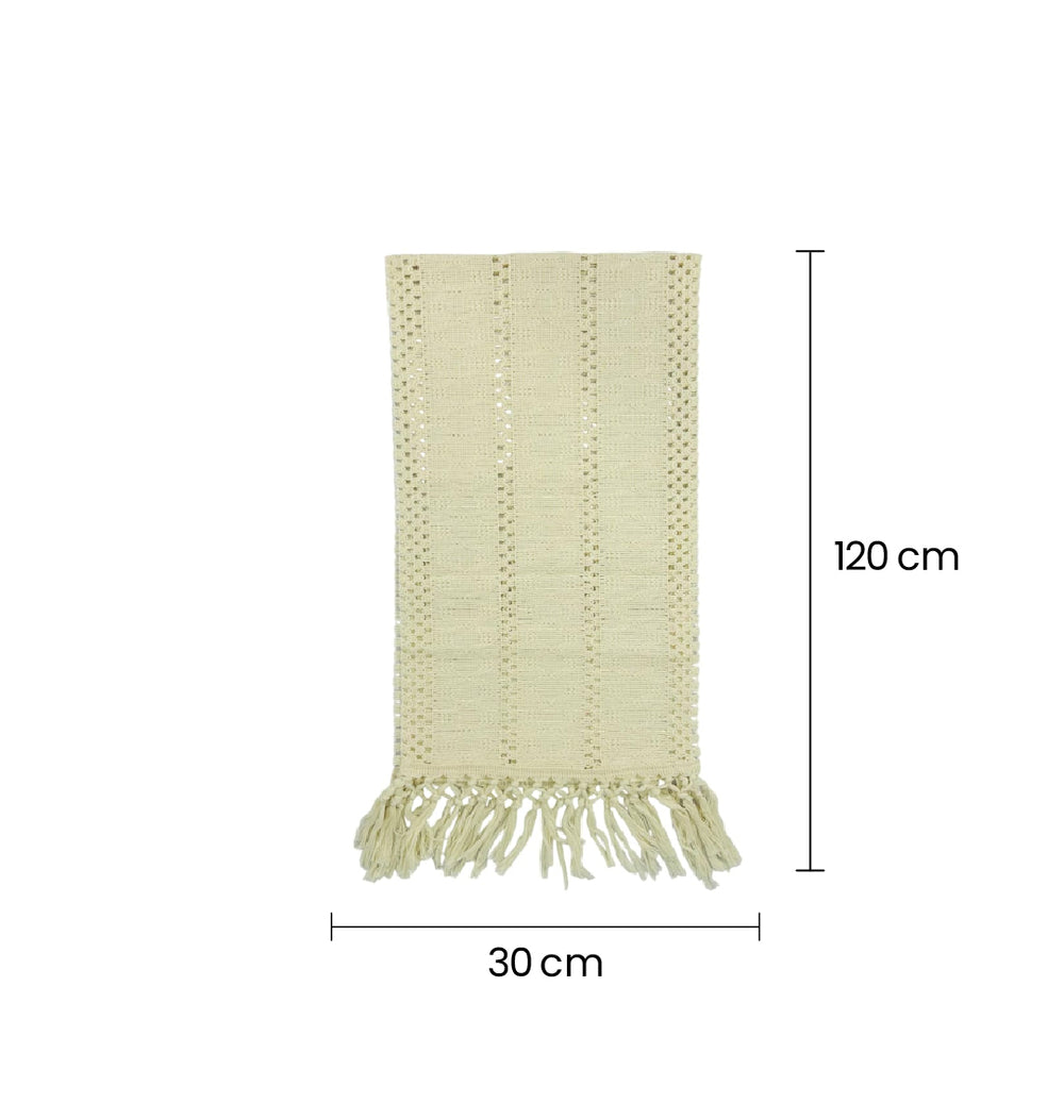 Camino De Mesa Tejido Abierto Con Flecos Beige medidas pequeño