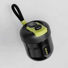 Termo inteligente de 320 ml en color negro con tapa verde lima y pantalla LED digital.