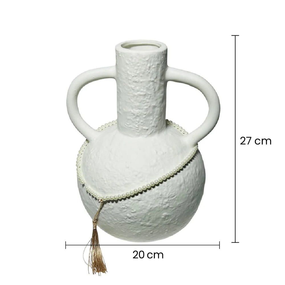 Florero De Cerámica Tipo Jarra Blanco Detalle De Perlas medidas