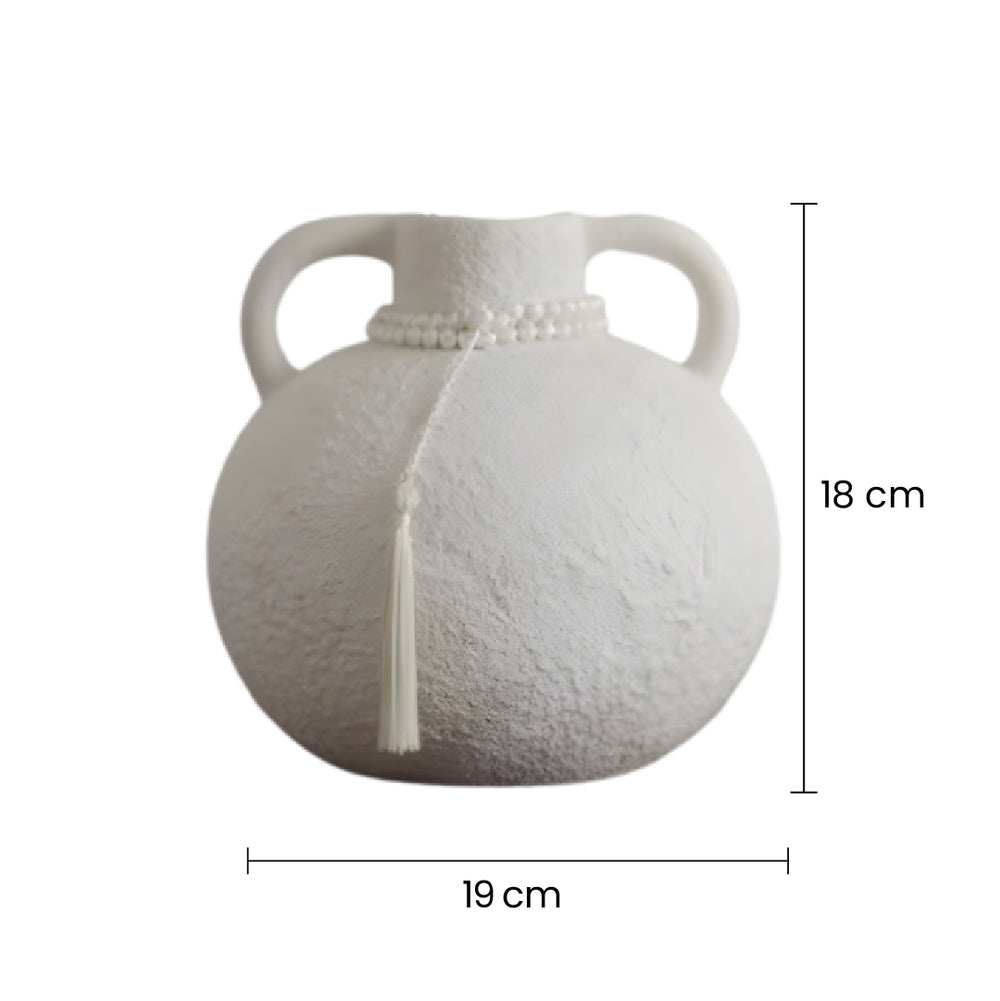 Florero De Cerámica Tipo Jarra Blanco Con Dos Asas y Detalle De Perlas medidas
