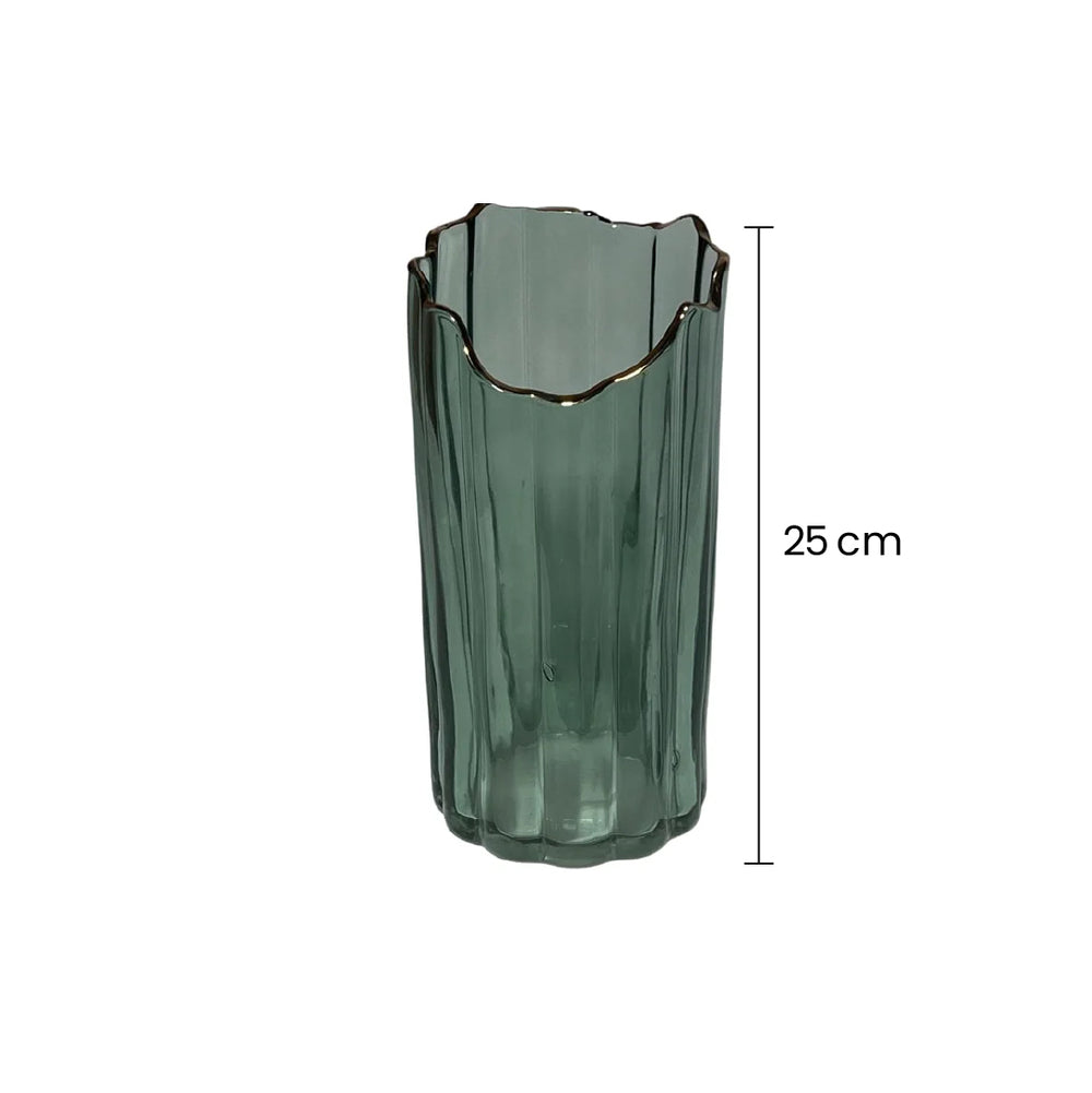 Florero De Cristal Con Líneas Verticales y Borde Dorado medidas pequeño 