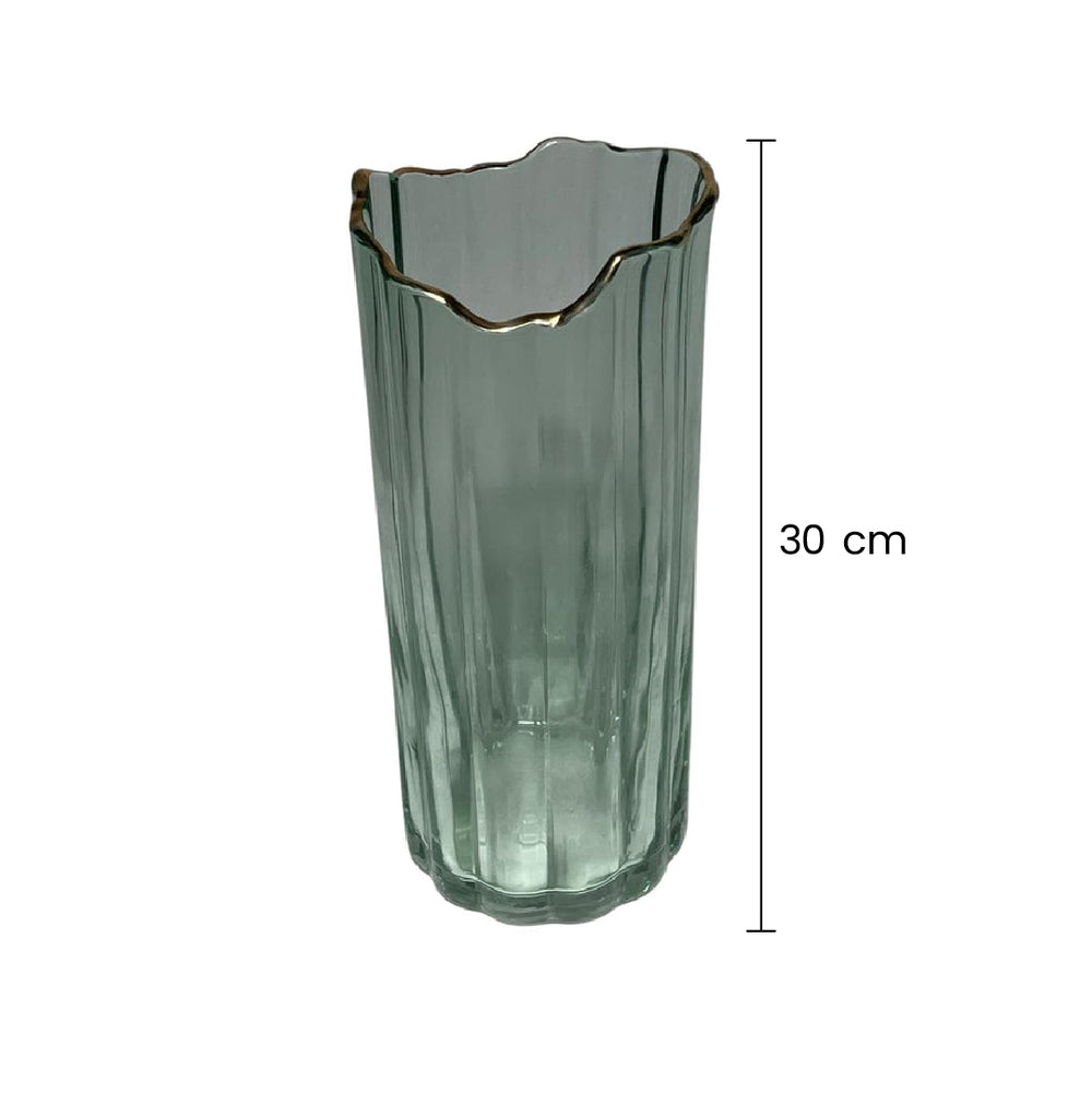 Florero De Cristal Con Líneas Verticales y Borde Dorado medida grande