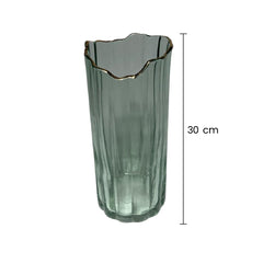 Florero De Cristal Con Líneas Verticales y Borde Dorado medida grande