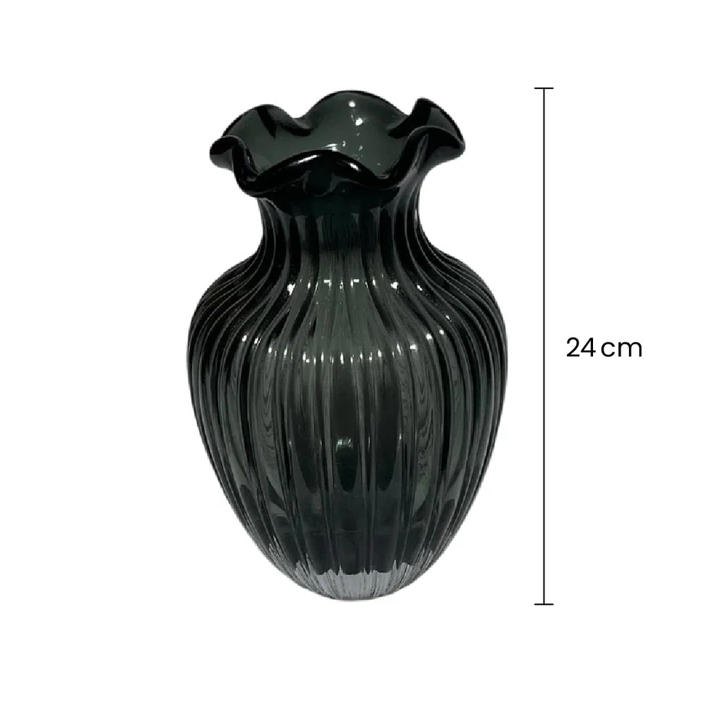 Florero Cristal Diseño Líneas Verticales Verde Oliva medida grande