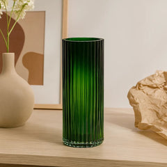 Florero De Cristal Verde Con Líneas Verticales