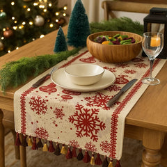 Camino De Mesa 33x180cm Diseño Copito De Nieve Navideño Beige Con Rojo