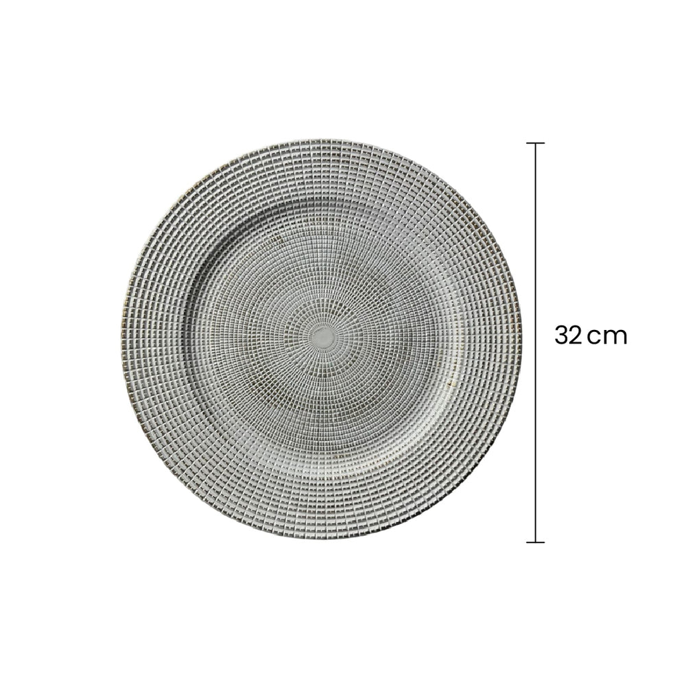 Plato Base 32cm Geométrico Texturizado Blanco Con Destellos medidas